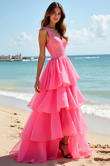 Sparkly Hot Pink Beaded V Neck A Line Tiered Long Formal Dress
